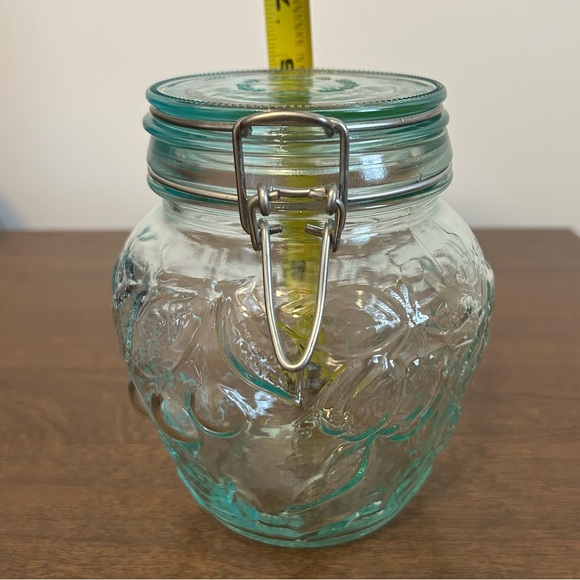 HERMETIC GREEN TINT GLASS FRUIT EMBOSSED 6" CANISTER WIRE BAIL HINGED LID ITALY - Picture 12 of 15